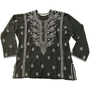 Graham Kandiah NY Embellished Long Sleeve Tunic Flowy Black White Top Size Large
